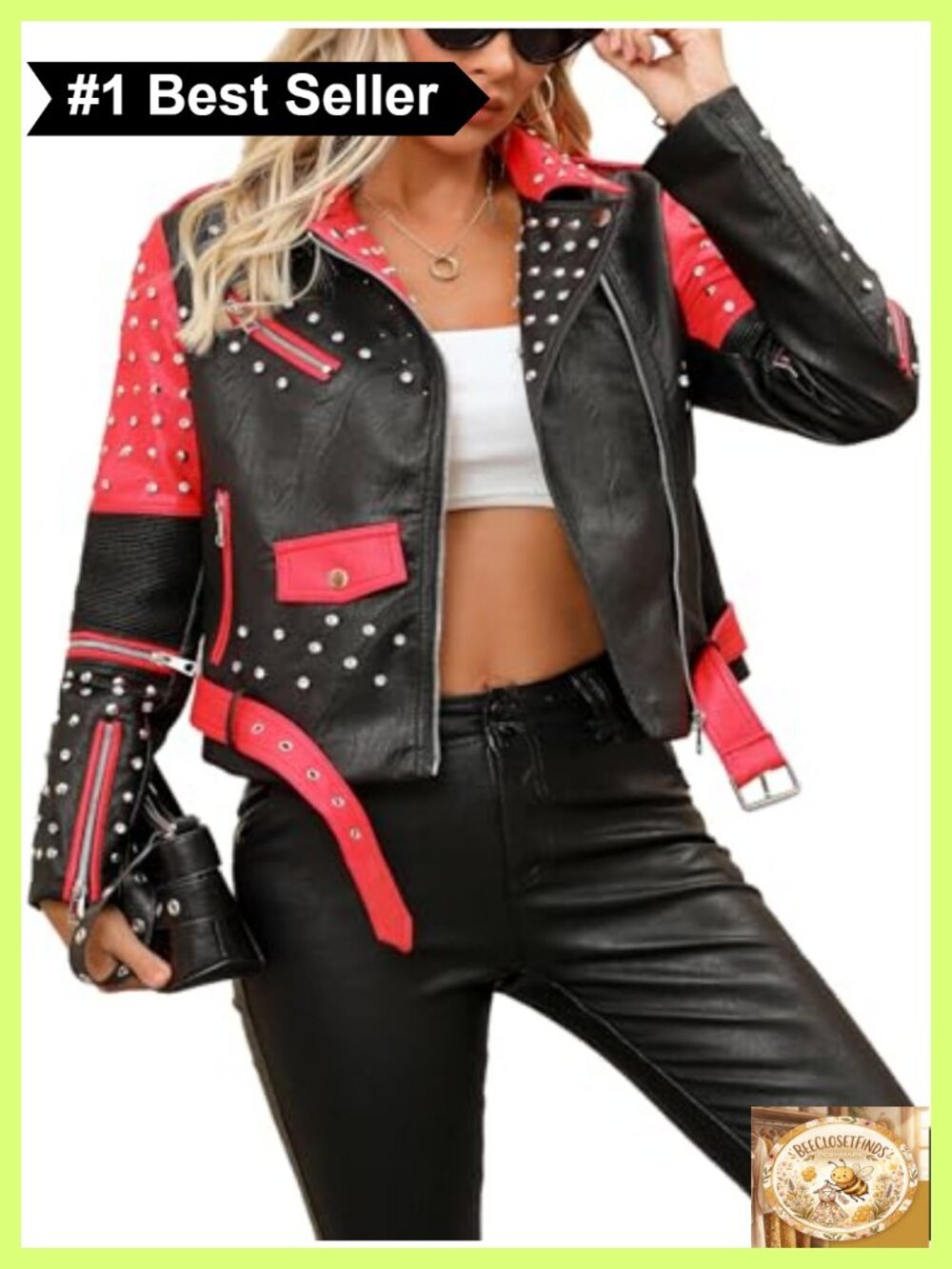 Faux Leather Moto Zip Up Jacket Color-Block Cropped Belted